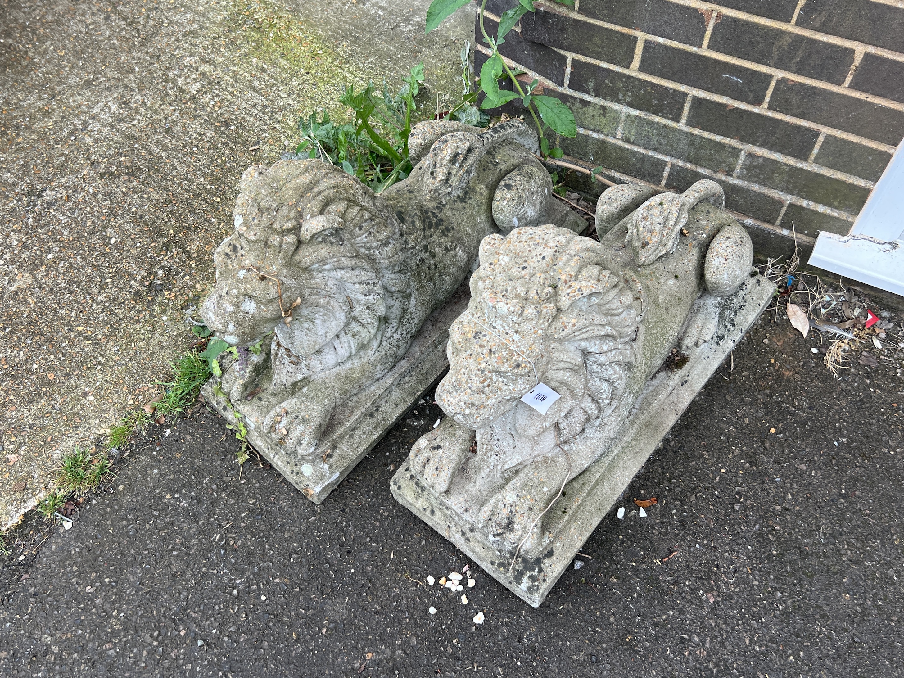 A pair of reconstituted stone recumbent lion garden ornaments, length 74cm, width 30cm, height 52cm